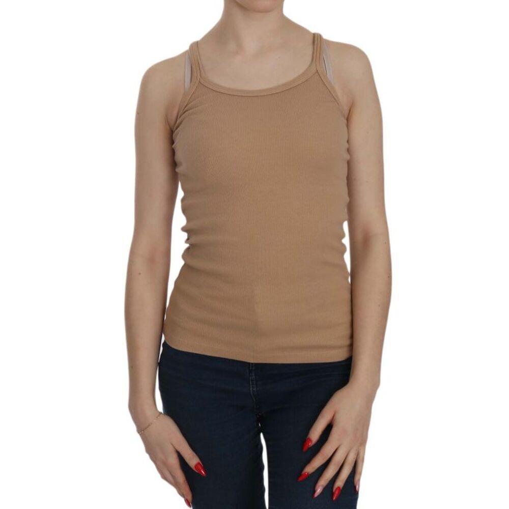 PINK MEMORIES Beige Sleeveless Spaghetti Strap Tank Women's Blouse